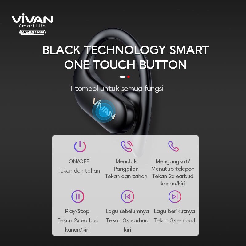 VIVAN Earphones Headset TWS Bluetooth 5.0 Waterproof IPX5 25 Hours Play Time Garansi 1 Tahun Sport X