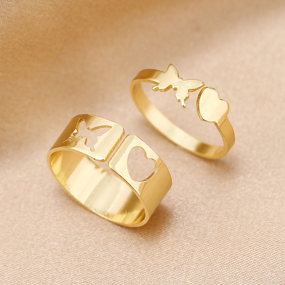 2pcs / Set Cincin Model Terbuka Bahan Metal Desain Kupu-Kupu + Hati Warna Gold / Silver Adjustable Untuk Wanita
