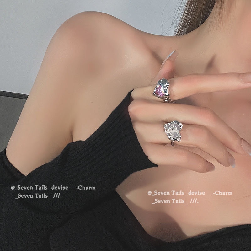 AY(CN) Y2k Set Cincin Silver Wanita Desain Hati Hias Kristal Pink Mutiara