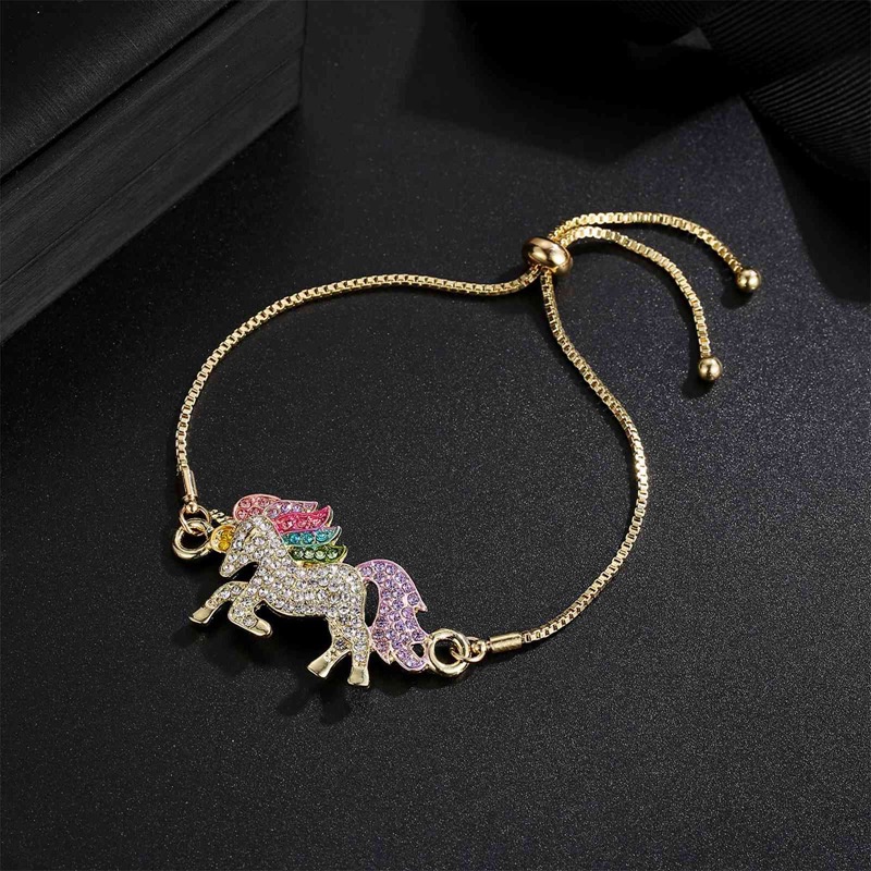 Gelang Tangan Rantai Adjustable Motif Kuda Poni / Unicorn Aksen Berlian Untuk Perhiasan Wanita