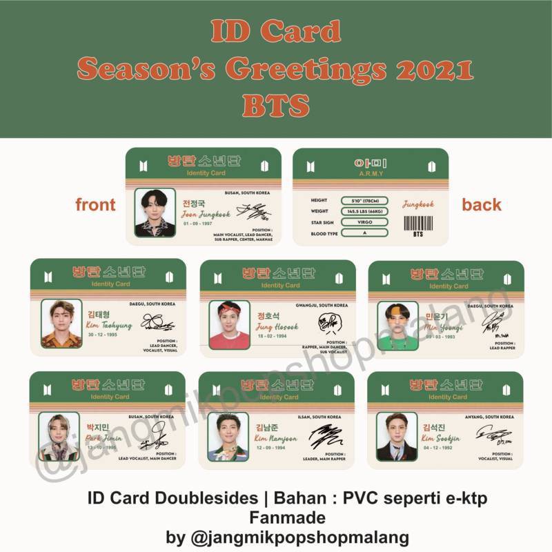 ID Card BTS - Season's Greetings 2021 | Card BTS | BTS Fankit | BTS Fankit | ID Card Kpop | BTS Card