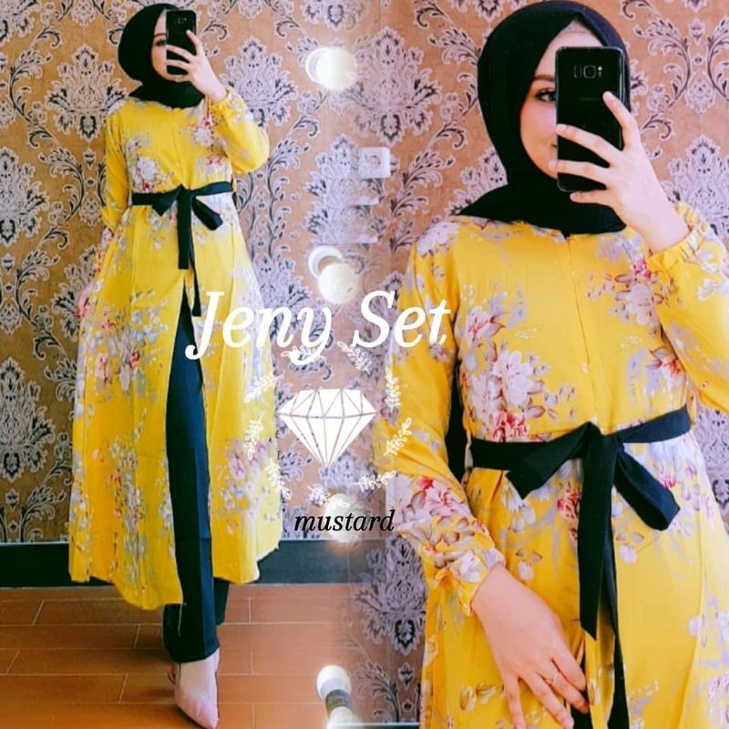 SET CELANA LONG TUNIK JENY, MONALISA BUNGA, GAMIS HIJAB MUSLIM, MAXY DRESS, SETELAN