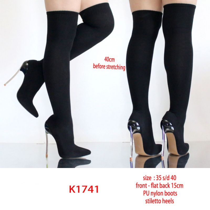 K1741 Sepatu wanita import highheels hitam Thigh boots paha socking boots stiletto high heels 15cm