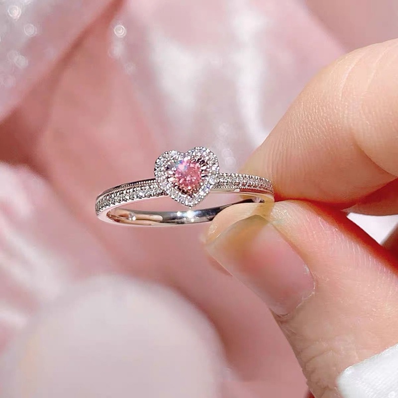 Cincin Sterling Silver 925 Desain Hati Hias Kristal Kubik Zirconia Warna Pink Untuk Wanita