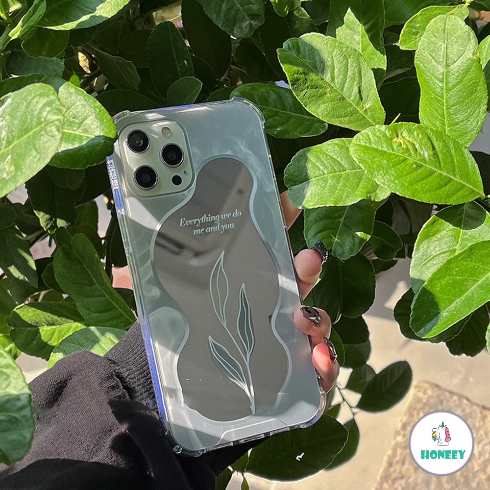 Soft Case TPU Motif Daun lette Dengan Cermin Makeup Cover IPhone Xr 7Plus 8Plus X XS 14 13 11 12pro Max Bumper Flexible