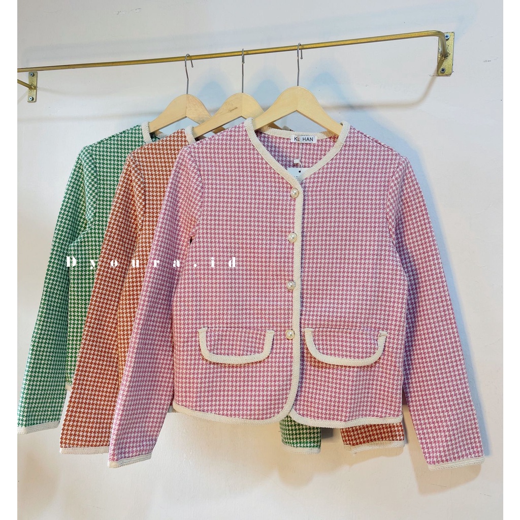 outer korean Import Premium Cardigan Motif Houndstooth Crop  by dyoura Ye-Na Blazer Korea Outer Import Premium Cardigan Motif Houndstooth Crop