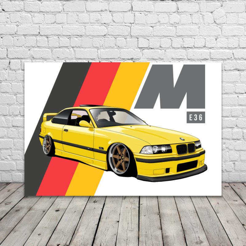 Poster mobil bmw m3 e36 - hiasan dinding - mdf board - hotwheels - mini gt - inno64 - tarmac