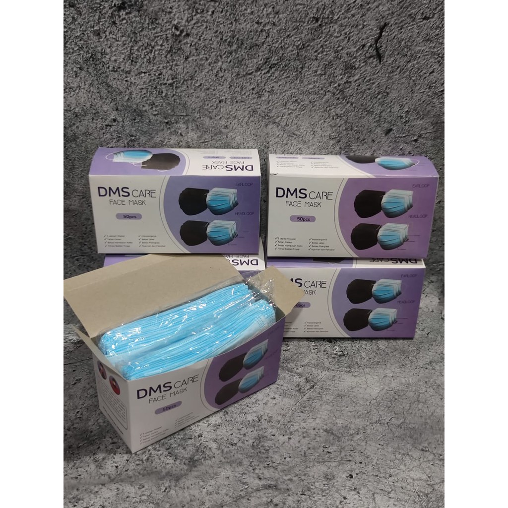 DMS CARE - MASKER MEDICAL 3PLY 3D EARLOOP PAINLESS SCUBA TALI LEBAR- BIRU ISI 50 PC - MURAH