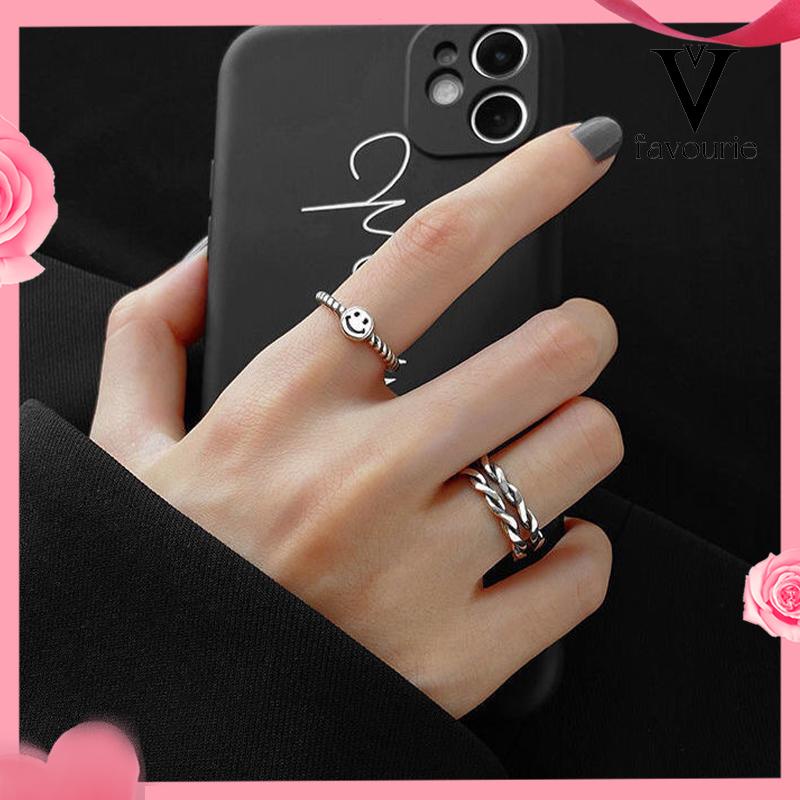 [COD]2 PCS Retro Smiley Cincin Wanita Fashion Kepribadian Pembukaan Cincin Dapat Disesuaikan-FA