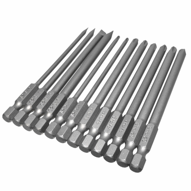 Mary 12pcs / set Mata Bor Obeng Magnetik S2 Slotted Phillips Bahan Alloy Steel 100mm