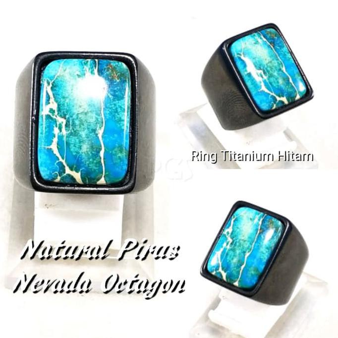 Cincin Batu Akik Natural Pirus Biru Octagon Ring Titanium Hitam C26 Terbaru