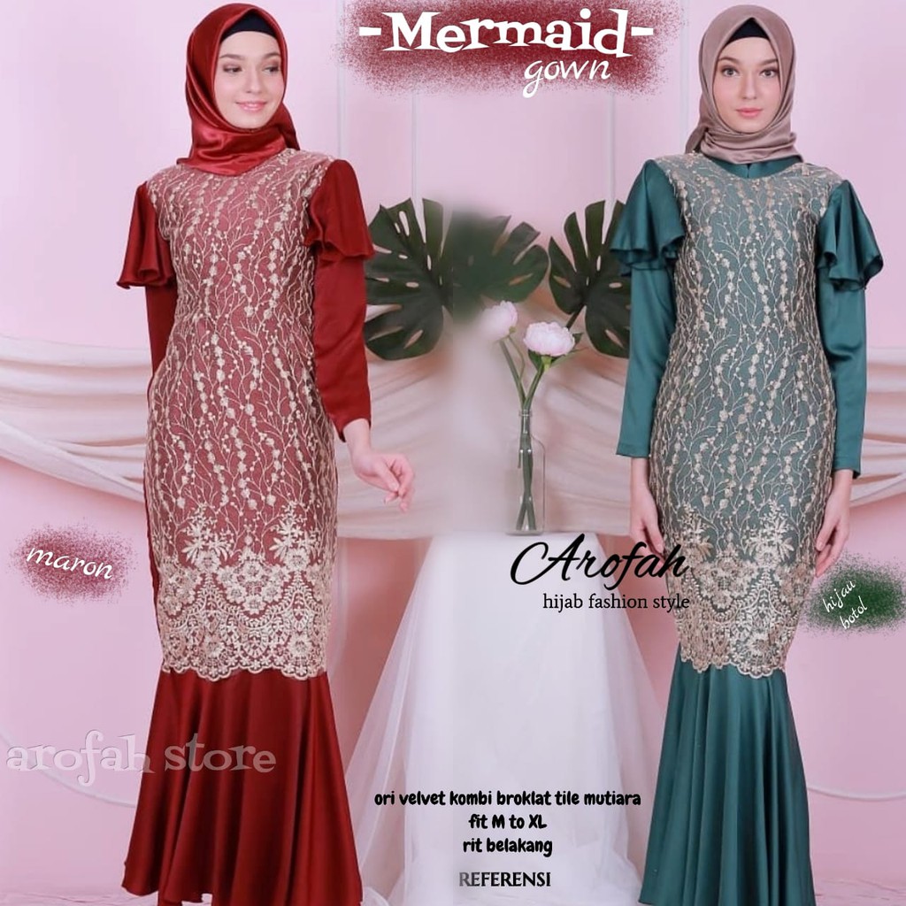 Mermaid gown long dress duyung lengan panjang party pesta muslim wanita brokat brukat broklat tile