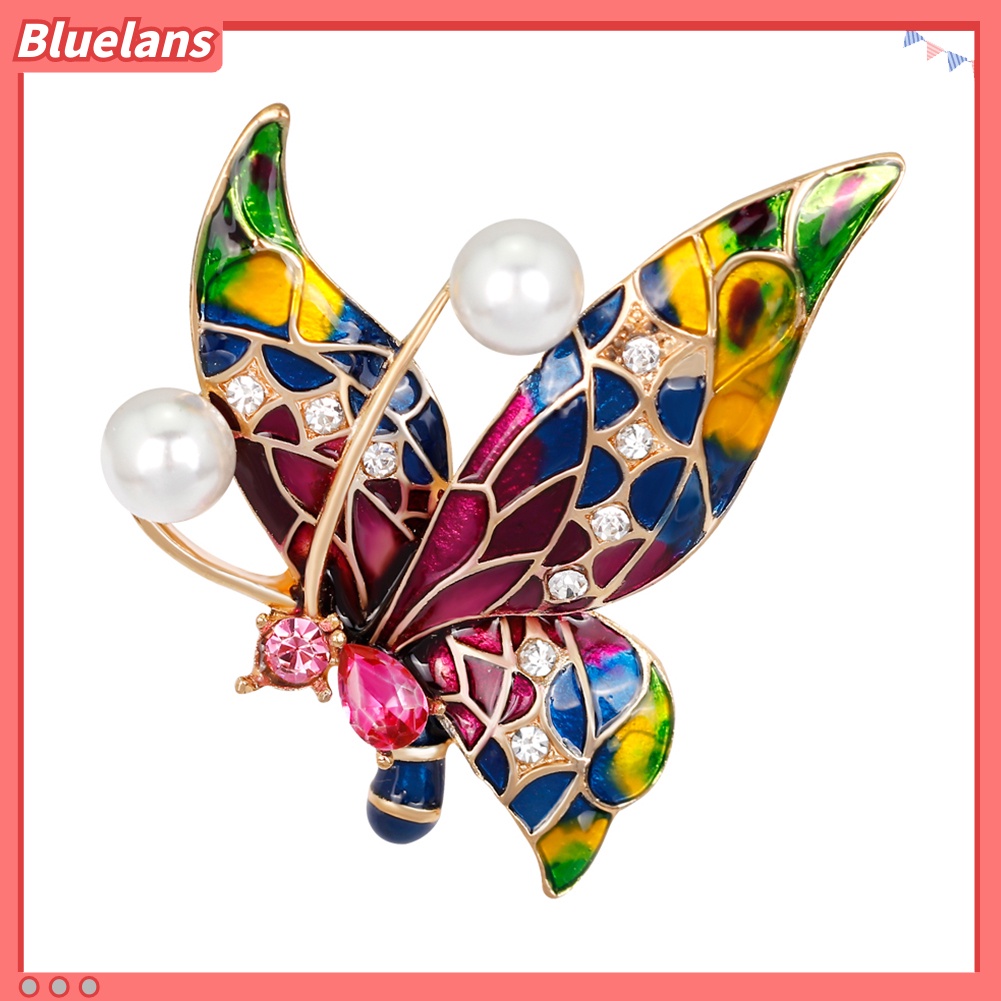 Bluelans Bros Pin Enamel Bentuk Kupu-Kupu Aksen Mutiara Imitasi Warna-Warni Gaya Retro Untuk Wanita