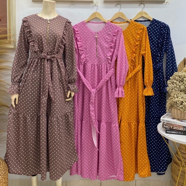 Gamis busui rempel 2 susun motif polkadot lengan smoked bahan voxy premium merk latin