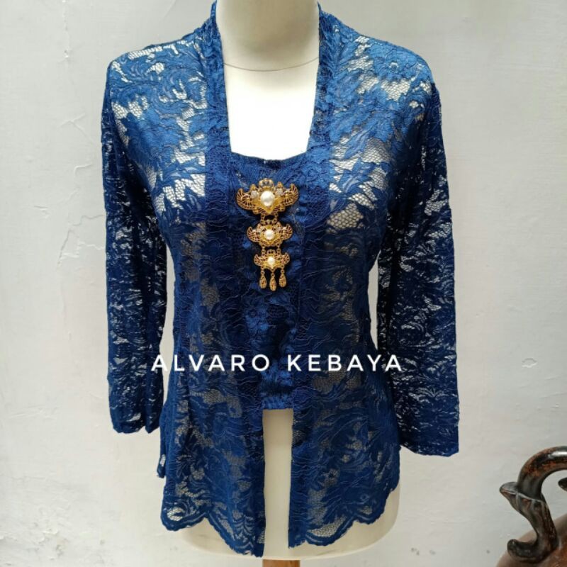 Atasan kebaya brokat halus stretch - kebaya kutubaru brukat modern wisuda halus tidak gatal strait melar-Biru dongker / navy
