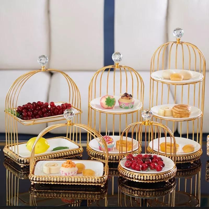 Rak Kue Cupcake Buah Cake Stand Bentuk Sangkar Burung Susun Tingkat Keramik Putih White Gold Emas Si