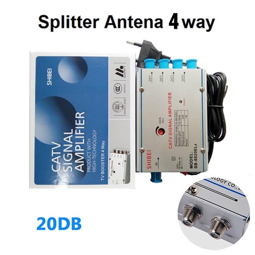 Splitter SB-8820EL9 ( 20DB ) 4 Way + Booster Spliter Pembagi Cabang KAbel Antena TV Televisi Penguat SIgnal Sinyal Siaran Bagus Gambar jelas