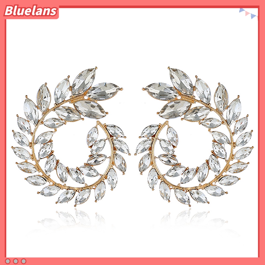 Bluelans 1 Pasang Anting Stud Cubic Zirconia Bentuk Cabang Daun Geometris Bulat Bahan Alloy Untuk Wanita