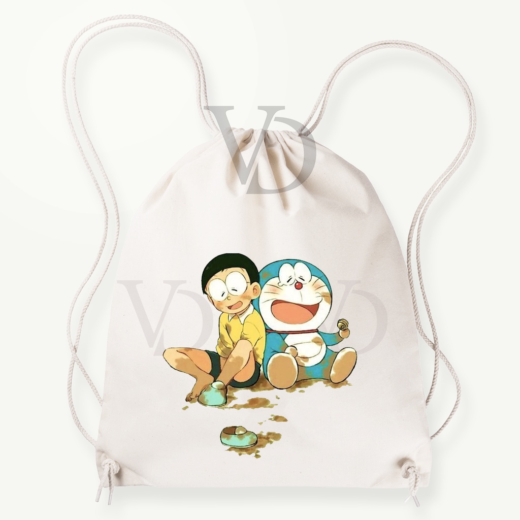 Tas Serut  kanvas  doraemon/ tas serut korea / tas lucu/ tas gendong kanvas / tas custom korea / tas motif animal