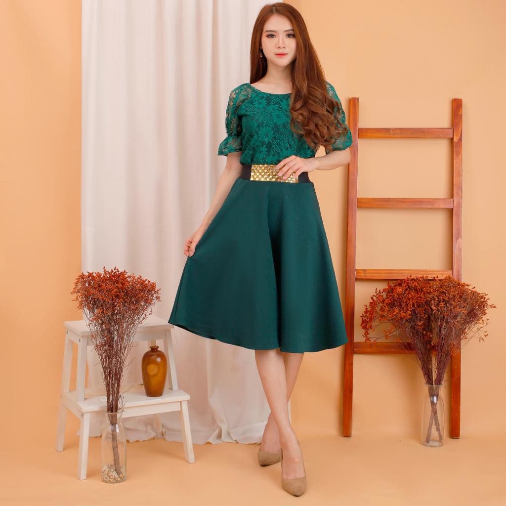 Kathryn collection #144 , DRES ROK MEKAR SCUBA IMPORT PREMIUM KOMBINASI BRUKAT GLITER FREE BELT