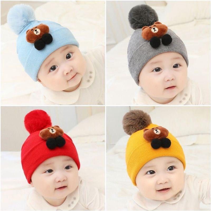 ANEKA Topi kupluk anak bayi Brown Line / kucing / pompom rajut import