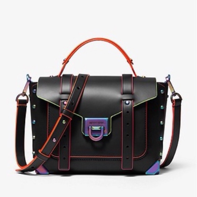 MICHAEL KORS MK Manhattan Medium Contrast-Trim Leather Satchel black