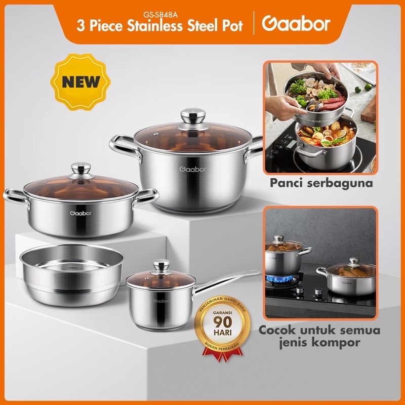 Gaabor Panci Set 3 Item Stainless Steel Panci Kukus Panci Sop Steamer StockPot / GS-S848A