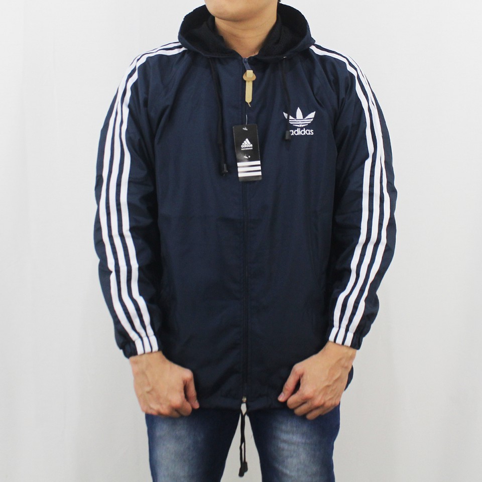 JAKET PARASUT ADIDAS WINDBREAKER NAVY LIST PUTIH - JAKET OLAH RAGA JUMBO XL XXL -  HOODIE PRIA