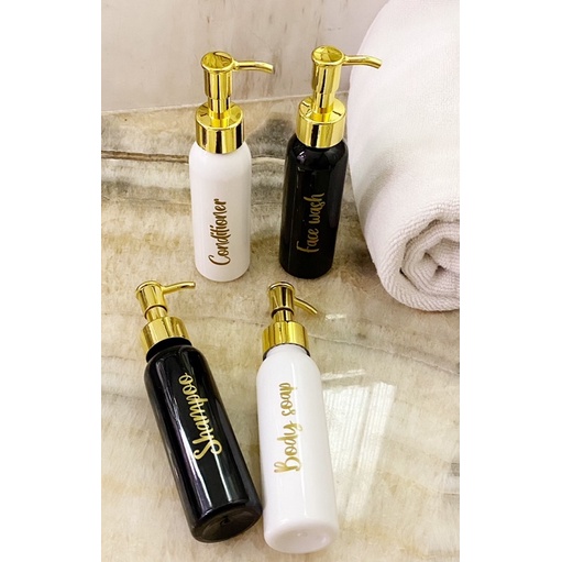 travel size 100ml HITAM/PUTIH GOLD KECIL LUXURY. aesthetic bottle minimalist refill organizer tempat sabun cair pump estetik