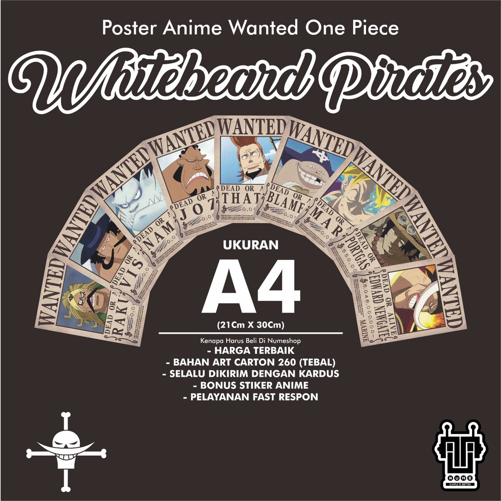 Poster Bounty Poster Wanted Anime One Piece Whitebeard Shirohige Pirates 1 Set - Ukuran A4