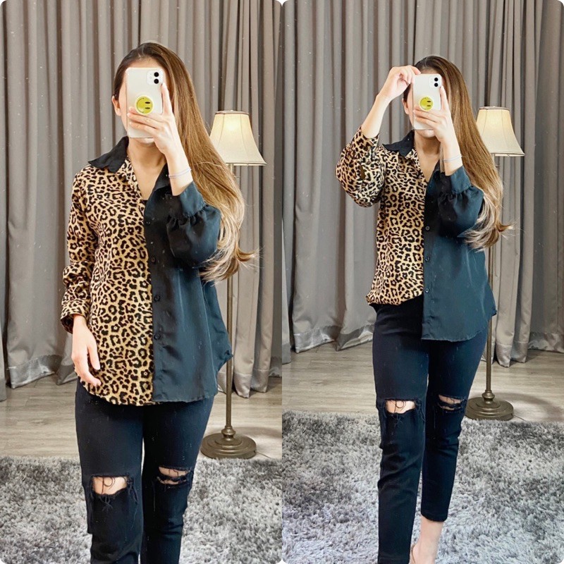 kemeja twotone tutul / K8550 /kemeja kombinasi leopard