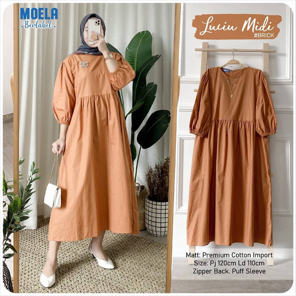 LUCIU Midi Dress Polos wanita Kekinian Terbaru Midi Dress Rayon  Polos Premium Moela