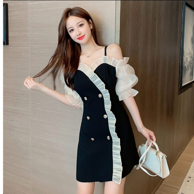 MDLV ~ 0987# Sheryn Double Breasted Dress Premium Mini Dress Korea Sabrina Fashion import
