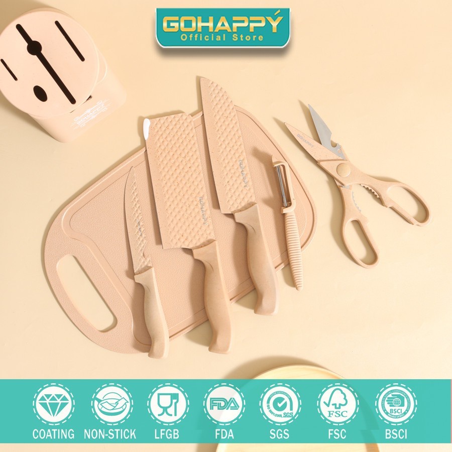 Pisau Set GOhappy Diamond Knife Telenan Gunting Set Pink Free Holder Pisau Cantik