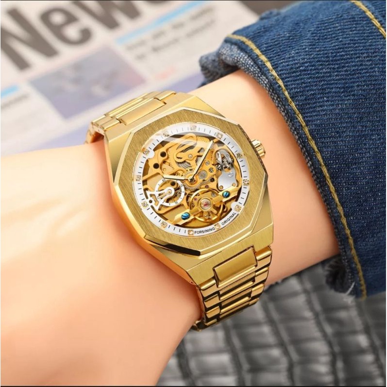 Jam Tangan Automatic Vintage Luxury Oak Gold Forsining Original