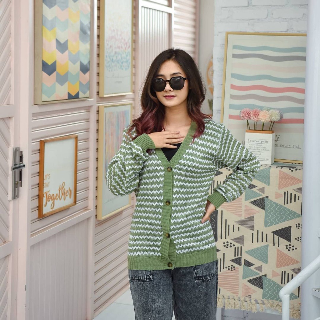 Outwear Motif ZigZag Cardigan Rajut Wanita Terbaru Model Retro