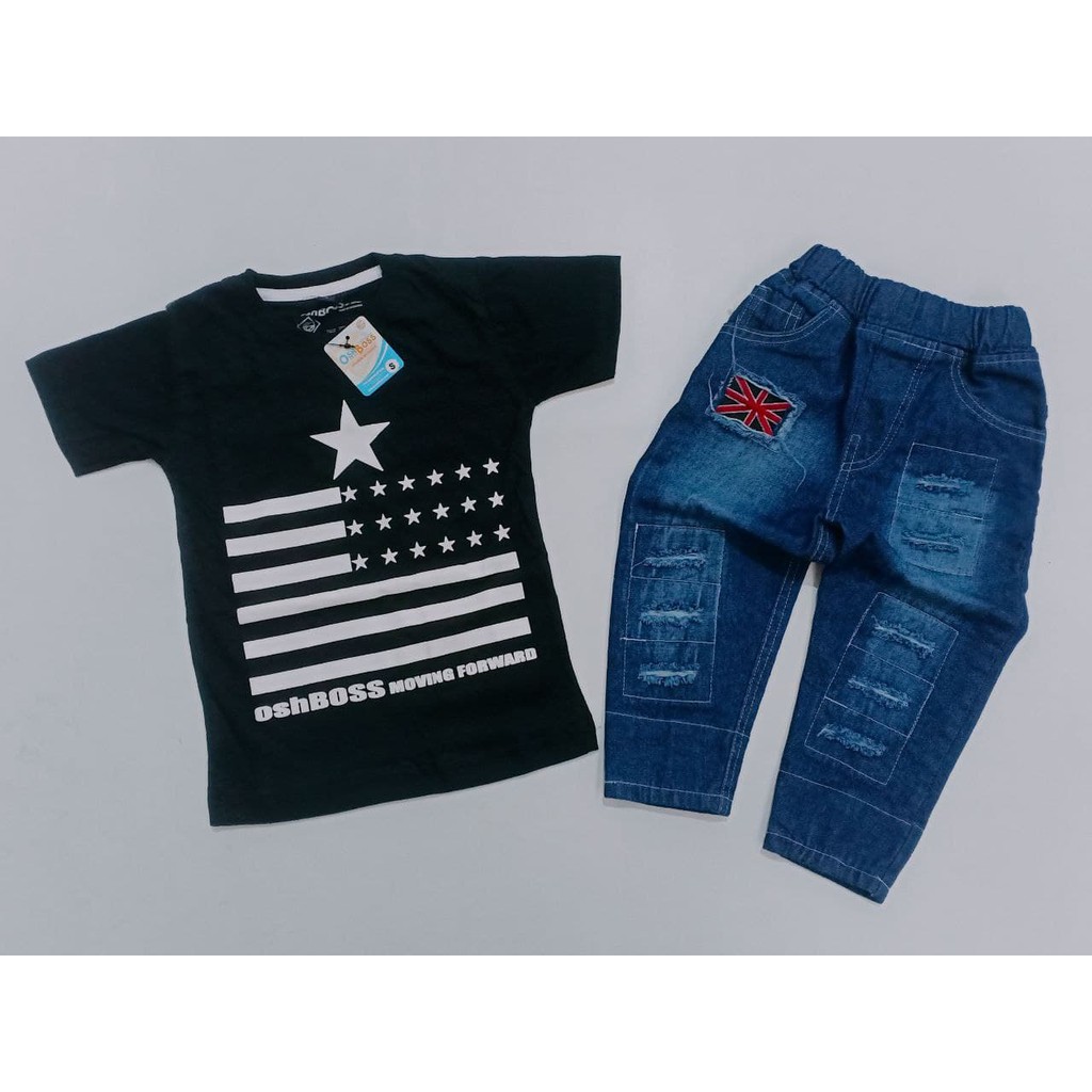 BAJU STELAN ANAK LAKI LAKI KAOS DISTRO DAN CELANA RIPPED BENDERA PPREMIUM OSHBOSS 1-4