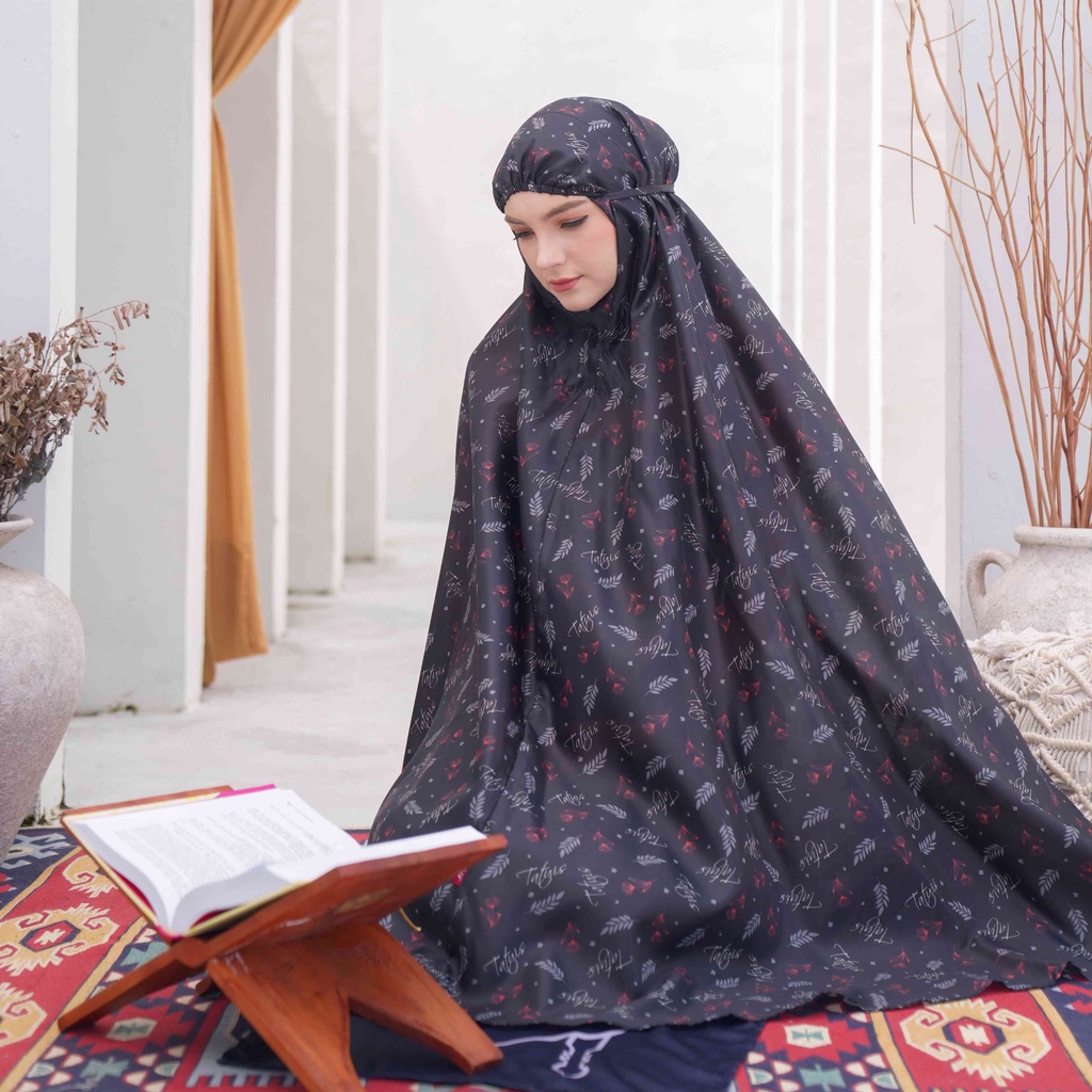 Mukena Tatuis Tiara 514 Katun Polyblend Motif Daun Hitam Black Abu Grey Merah Maroon Biru Dongker Na