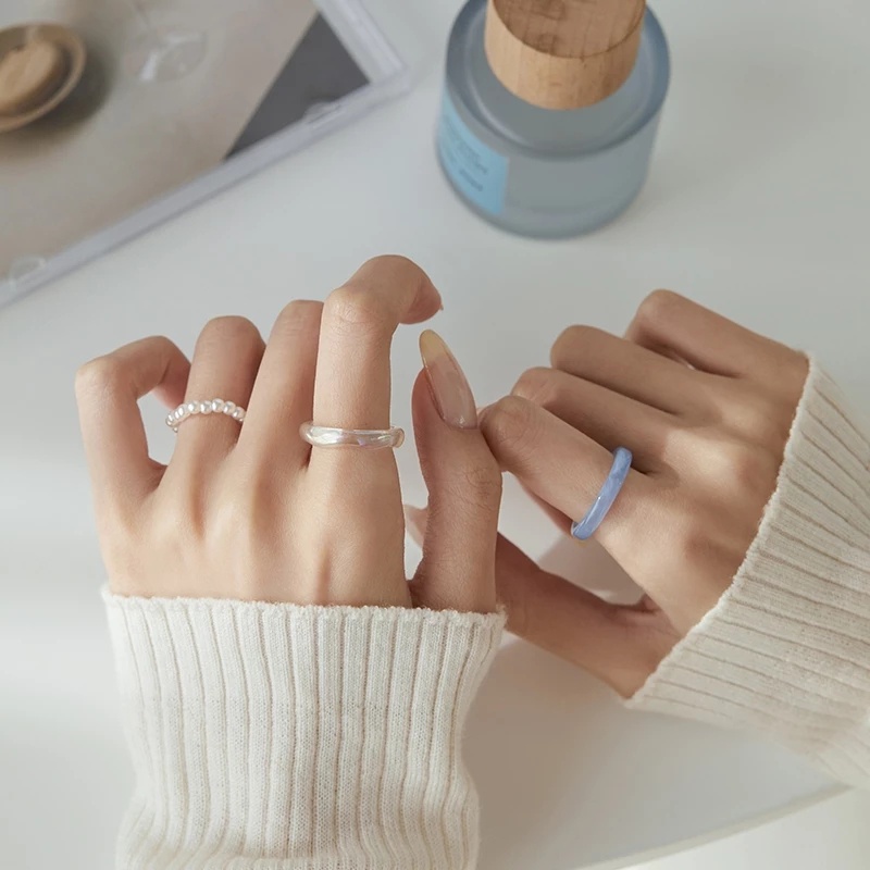 3pcs / Set Cincin Jari Elastis Bahan Akrilik Resin Aksen Mutiara Gaya Korea Untuk Wanita