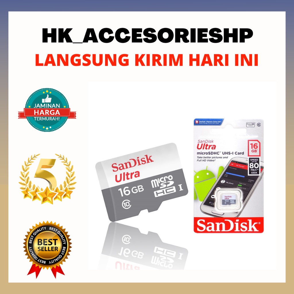 MEMORY CARD SANDISK ULTRA MICROSDHC UHS-I CARD 16GB CLASS 10 SPEED UP TO 80 MB/s