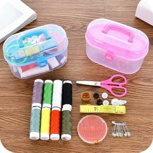 Set Alat Jahit + Box Kotak / 1 Set Sewing Kit Box Benang Jarum Gunting Kancing Peniti Meteran Cincin Pelindung Tangan / Peralatan Jahit Lengkap