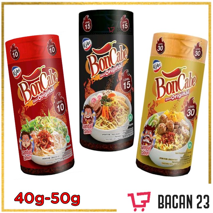 

BonCabe Original Botol (40gr - 50gr) ( Level 10-15-30 ) / Sambal Cabe Tabur/ Bacan 23 - Bacan23