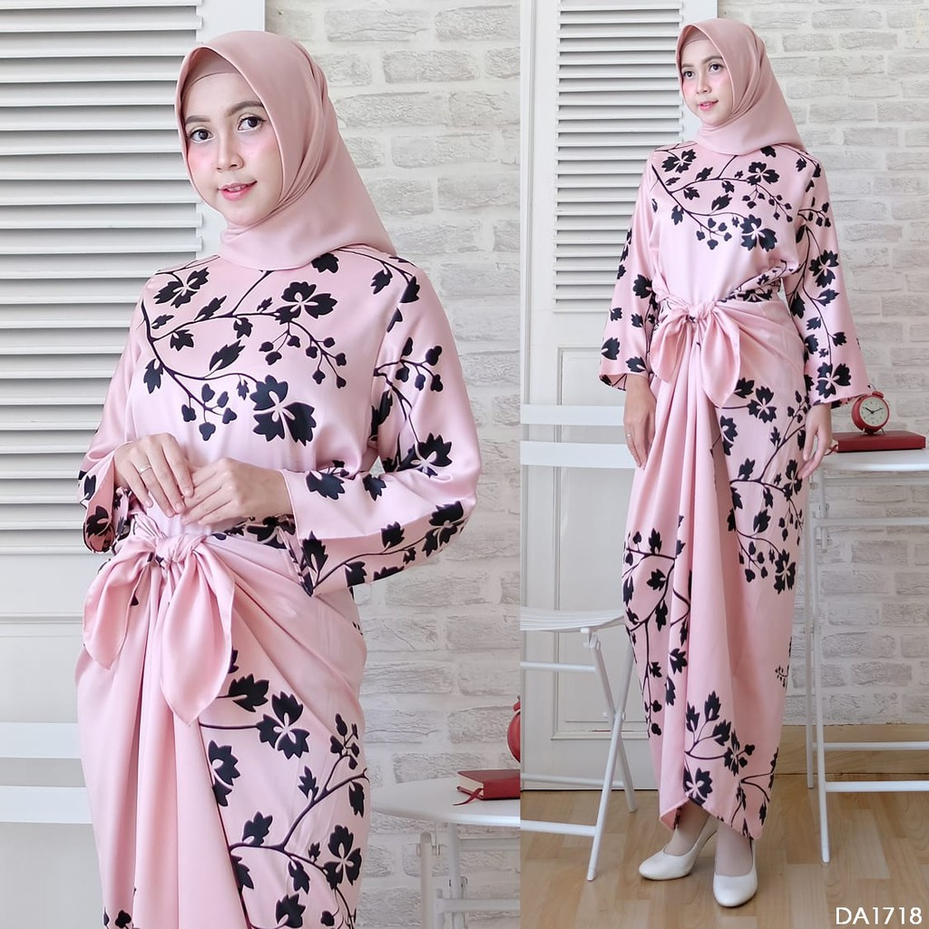 Fashion Muslim Gamis Ikat Ginkgo DA1718 Maxmara Motif Bunga Kancing Belakang Size Jumbo XL