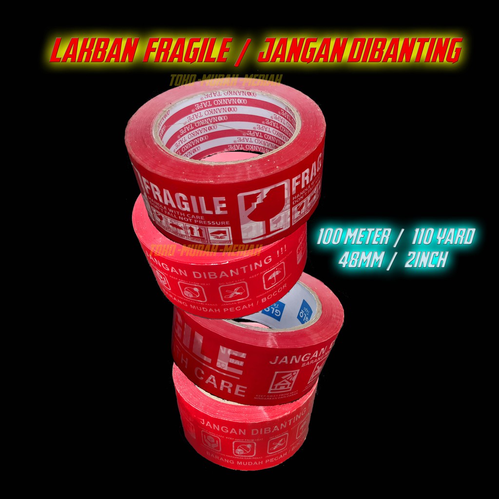 

Lakban Jangan Dibanting Merah Besar 2 Inch 48mm Panjang 90 / 110 yard Fragile PACKING Aman Olshop