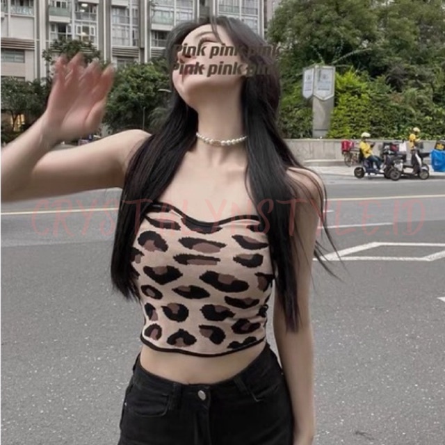 *CRYSTALYN* Tank Top / Dalaman Wanita / Atasan / Crop Top / Kemben Sexy Rajut Knit Motif Leopard