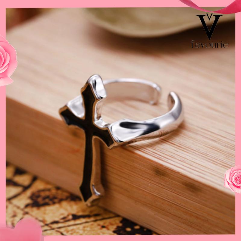 [COD]Retro Fashion Cross Cincin Pria Wanita Minyak Menetes Punk Jari Telunjuk Tren Cincin Hitam-FA