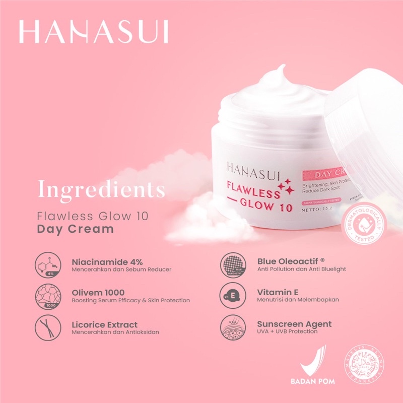 HANASUI Flawless Glow 10 Series Indonesia / Gentle Cleanser Power Essence Day Night Cream Acne Spot Gel / Brightening Jerawat / Skincare Make Up / Toner Serum Eye Mask Sunscreen / Body Spa Lip Cream Tint Pelembab / Paket Lengkap Set Wajah Face