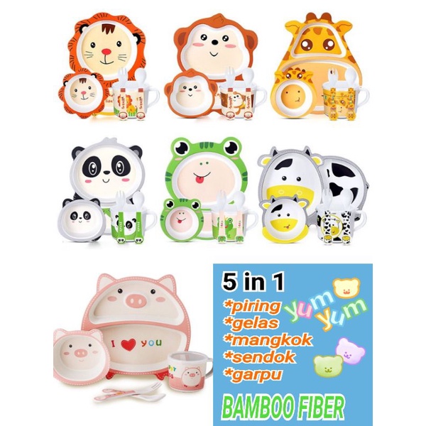 peralatan makan anak bamboo fiber /5in1 set piring animal