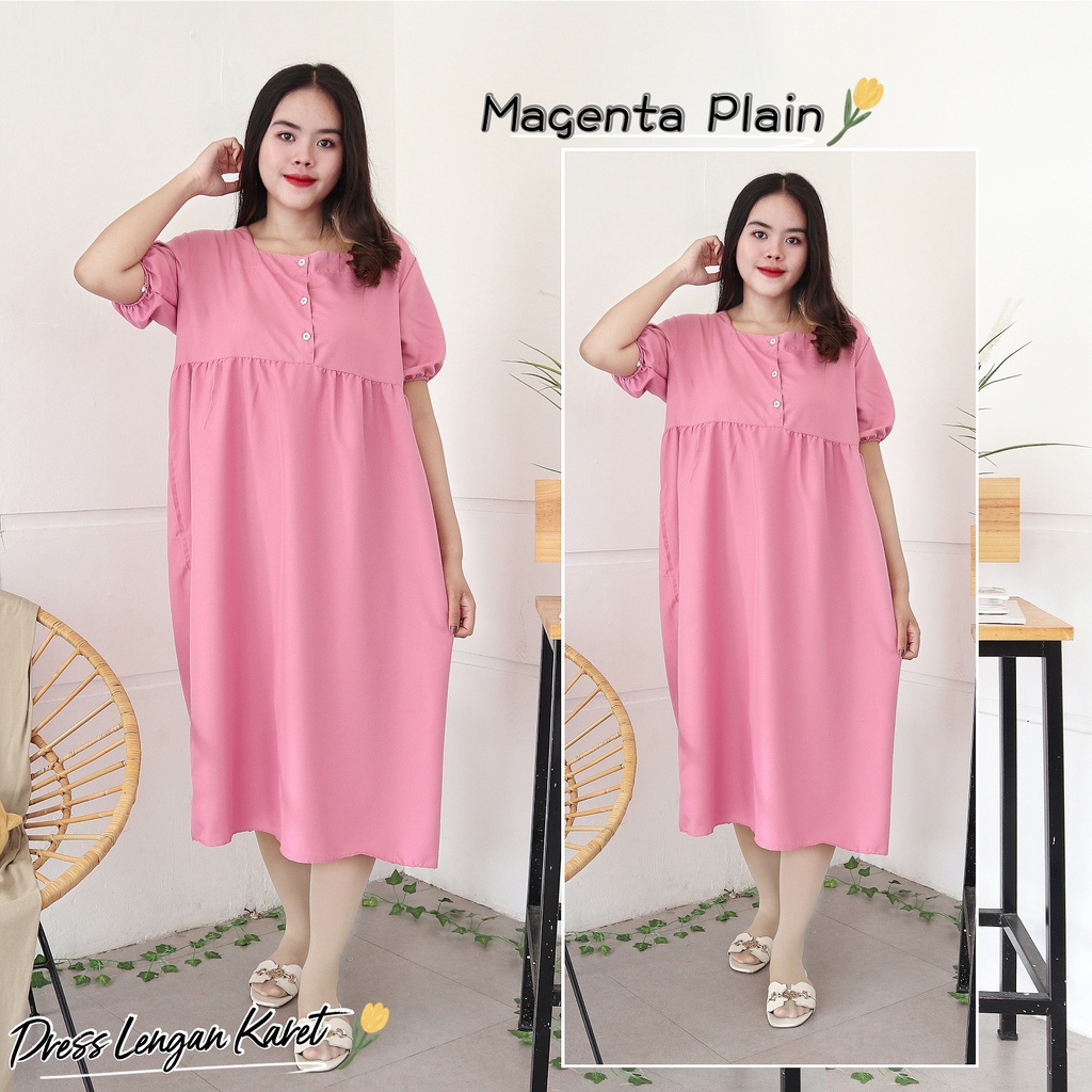IZANY  Daster Dewasa Lengan Karet / Dress Wanita Lengan Karet Polos Plain-MAGENTA PLAIN