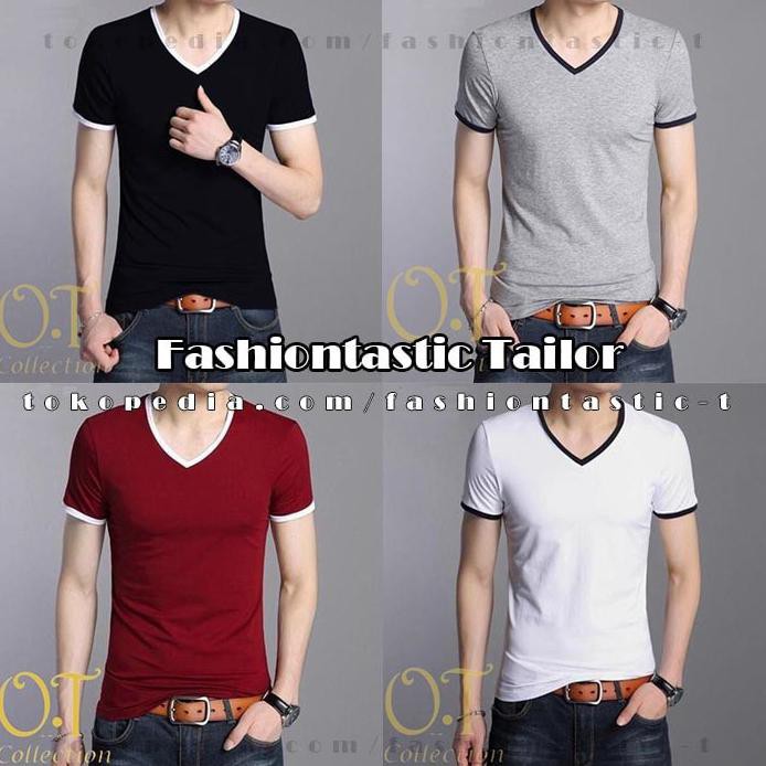 Hot Promo Kaos Pria V Neck List Kaos Polos Lengan Pendek Baju T Shirt Slimfit - Onesize Hitam